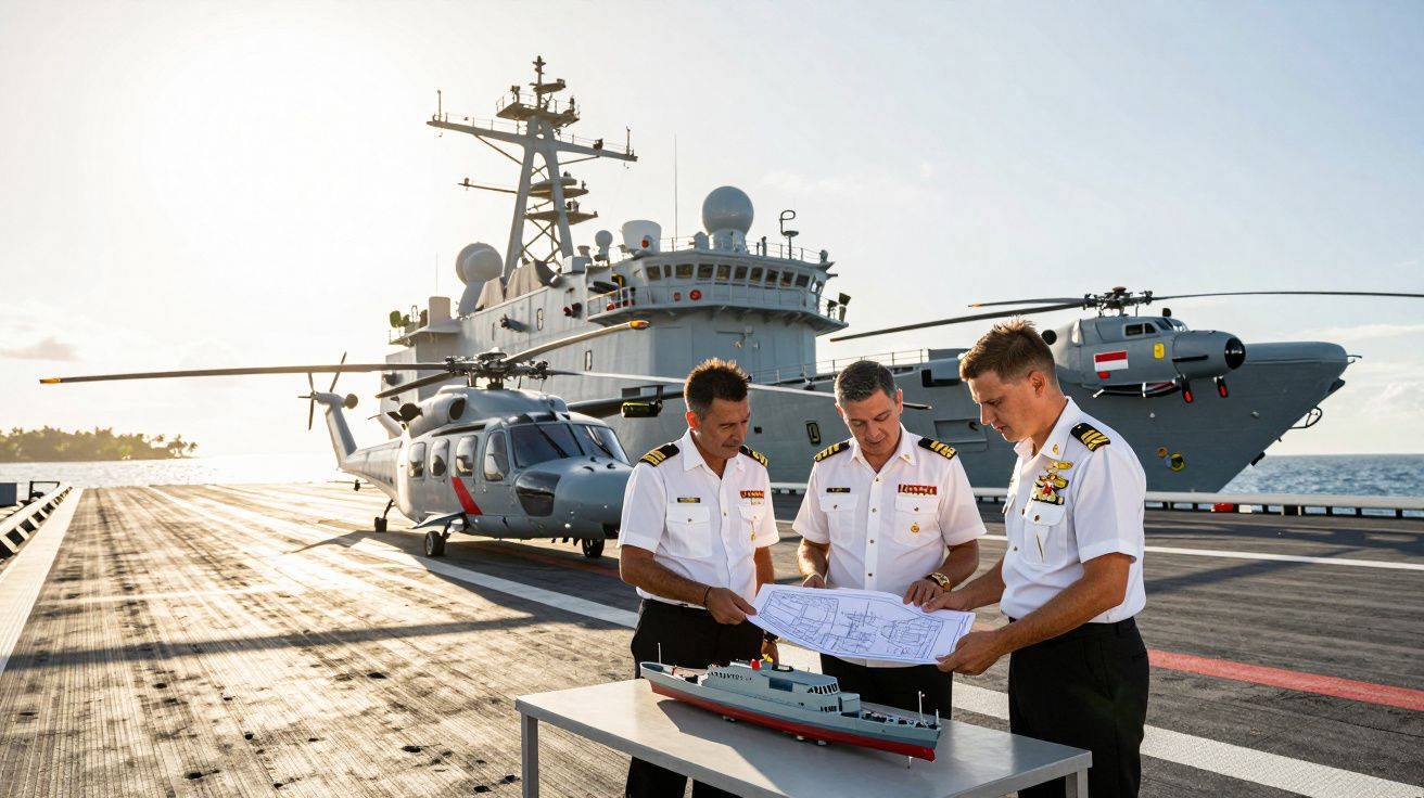 Trzech oficerów marynarki analizujących plany przy modelu okrętu na pokładzie helikopterowca z dwoma helikopterami.