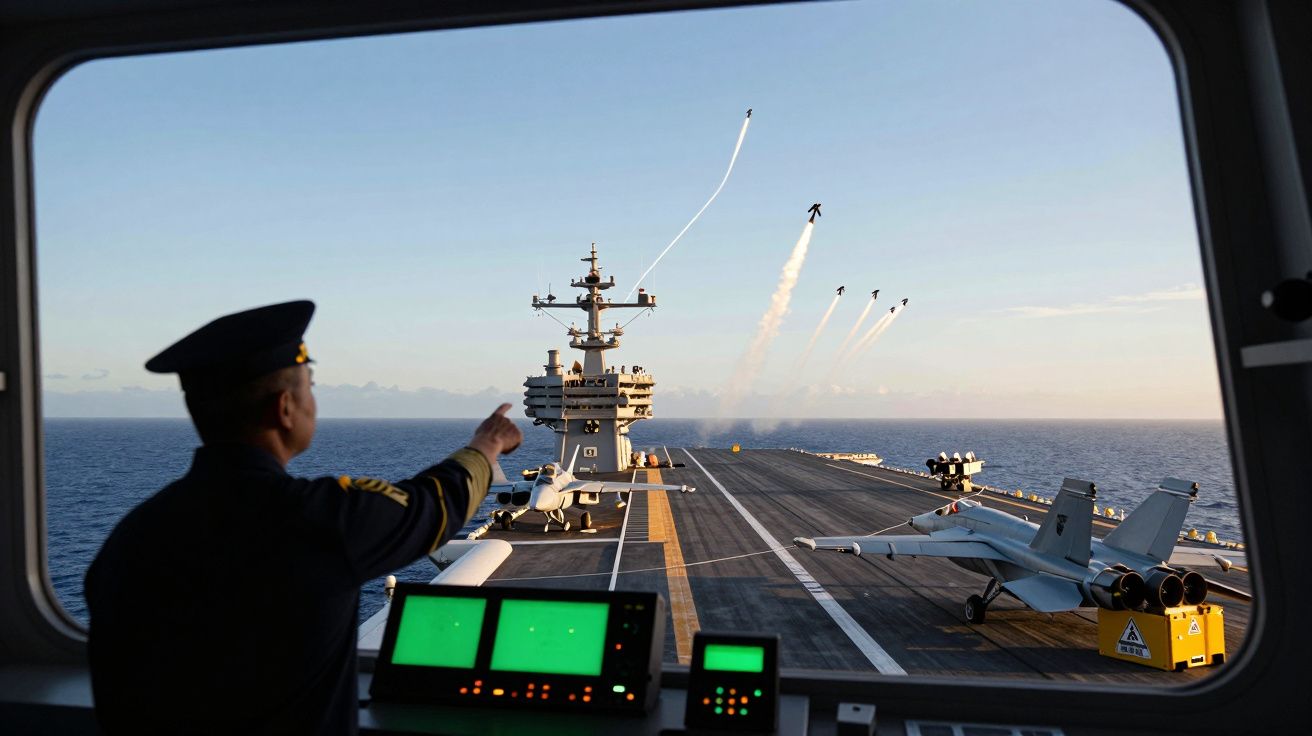 Widok z mostka lotniskowca, oficer wskazuje na pięć samolotów w trakcie wznoszenia się nad morzem.