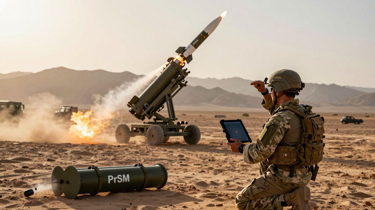 Żołnierz w mundurze obserwuje wystrzał rakiety z mobilnej wyrzutni na pustyni.