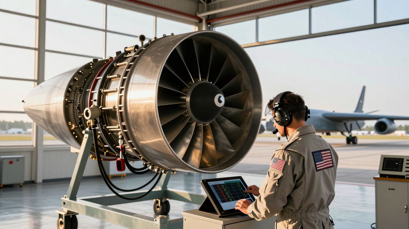 Inżynier pracujący przy silniku odrzutowym w hangarze lotniczym z samolotem w tle.