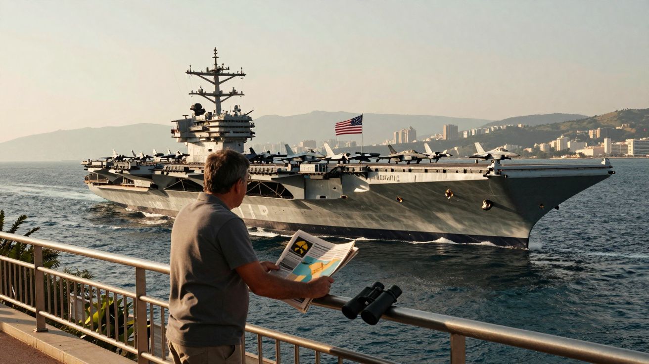 Mężczyzna z gazetą i lornetką obserwuje lotniskowiec USA płynący obok wybrzeża z miastem w tle.
