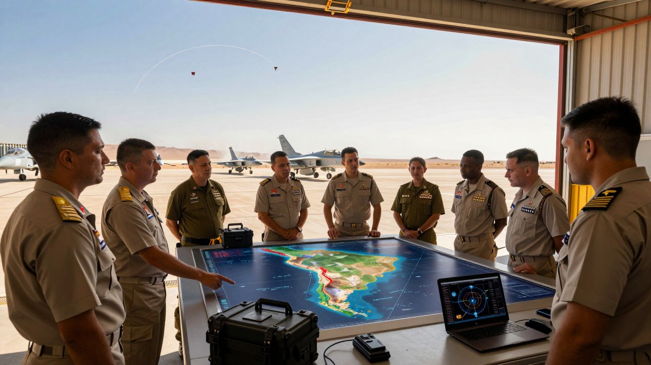 Grupa wojskowych omawia strategię przy dużym stole z mapą Ameryki Południowej w hangarze lotniczym.