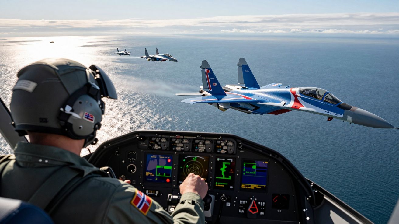 Pilot wojskowy w kokpicie lecący obok czterech myśliwców nad otwartym morzem.