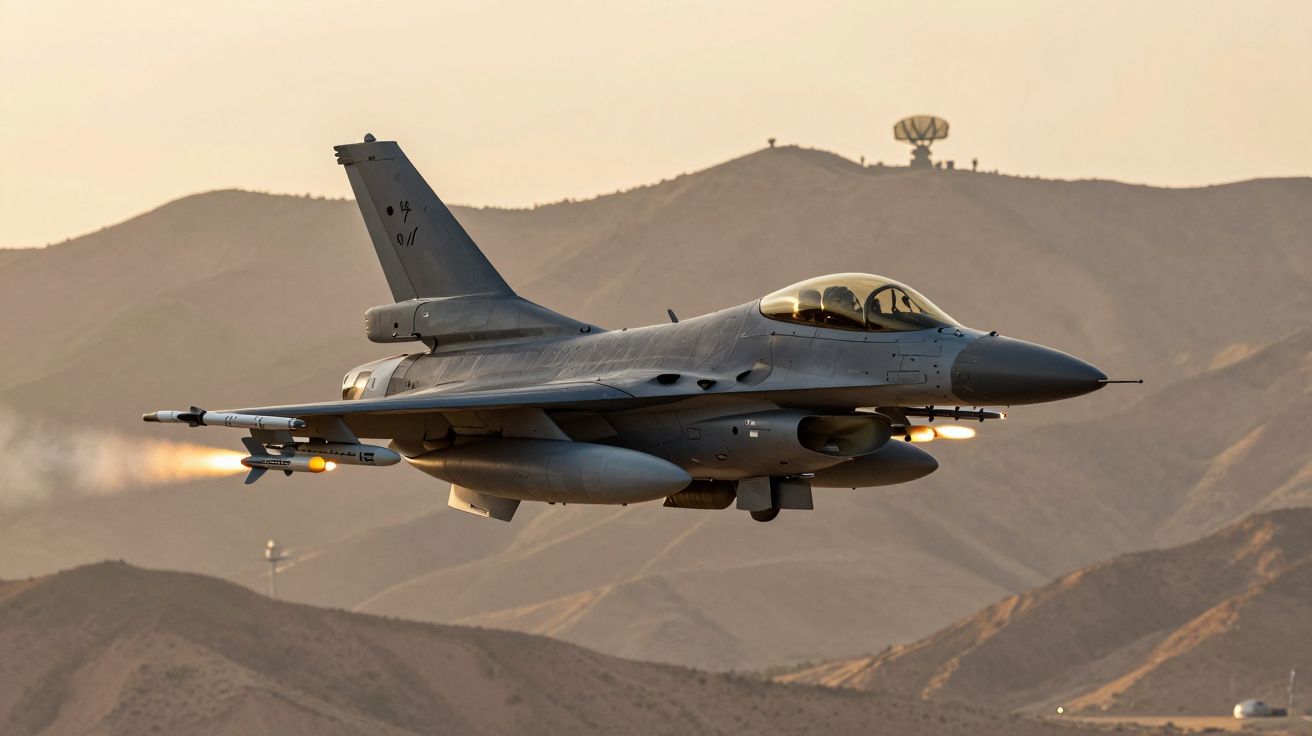 Myśliwiec F-16 lecący nisko nad pustynnym górzystym terenem o zachodzie słońca.