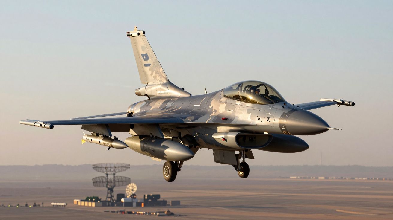 Samolot myśliwski F-16 w kamuflażu leci nad lotniskiem o zachodzie słońca.