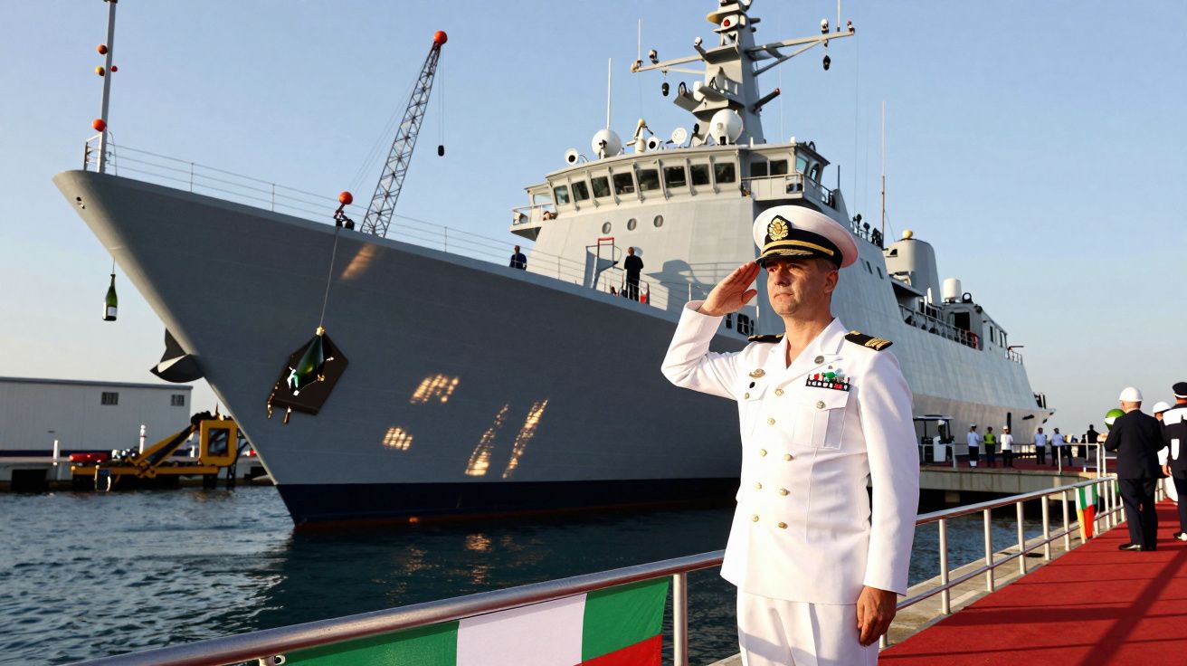 Oficer marynarki wojennej salutujący na nabrzeżu obok nowoczesnego wojennego okrętu na tle nieba.