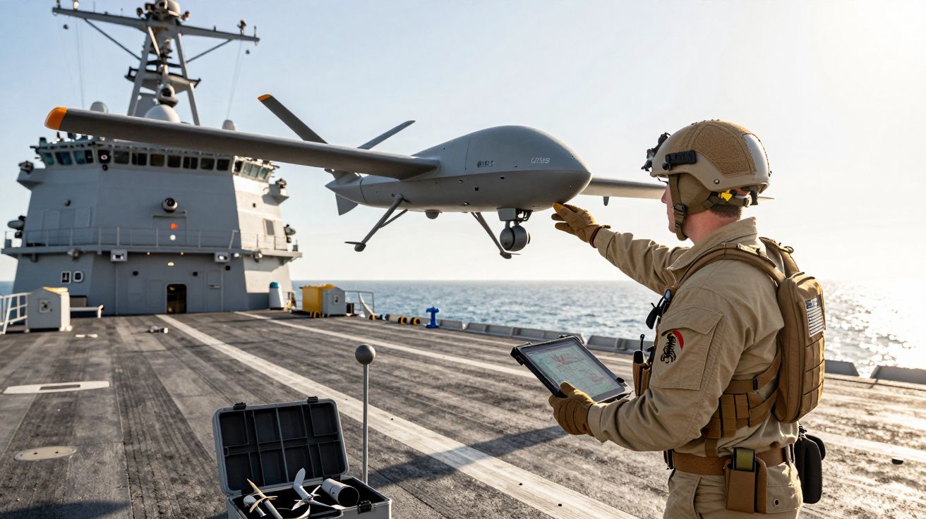 Żołnierz steruje bezzałogowym dronem na pokładzie okrętu wojennego na morzu o świcie.