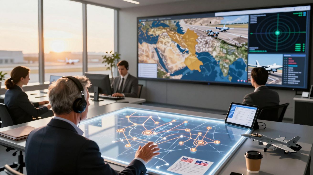 Personel kontrolujący ruch lotniczy analizujący dane na dużym ekranie i interaktywnym stole w centrum dowodzenia.