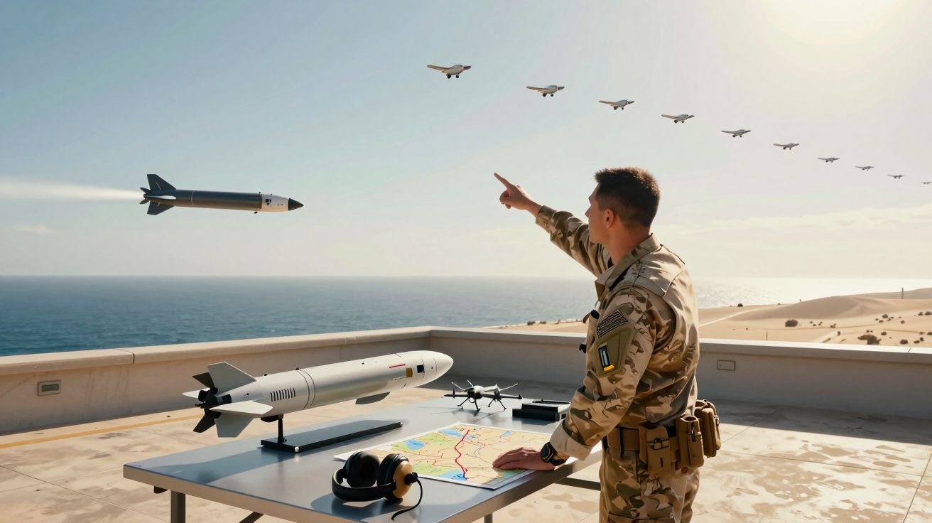 Żołnierz w mundurze pokazuje drony i rakiety na stole na tle morza i pustyni.