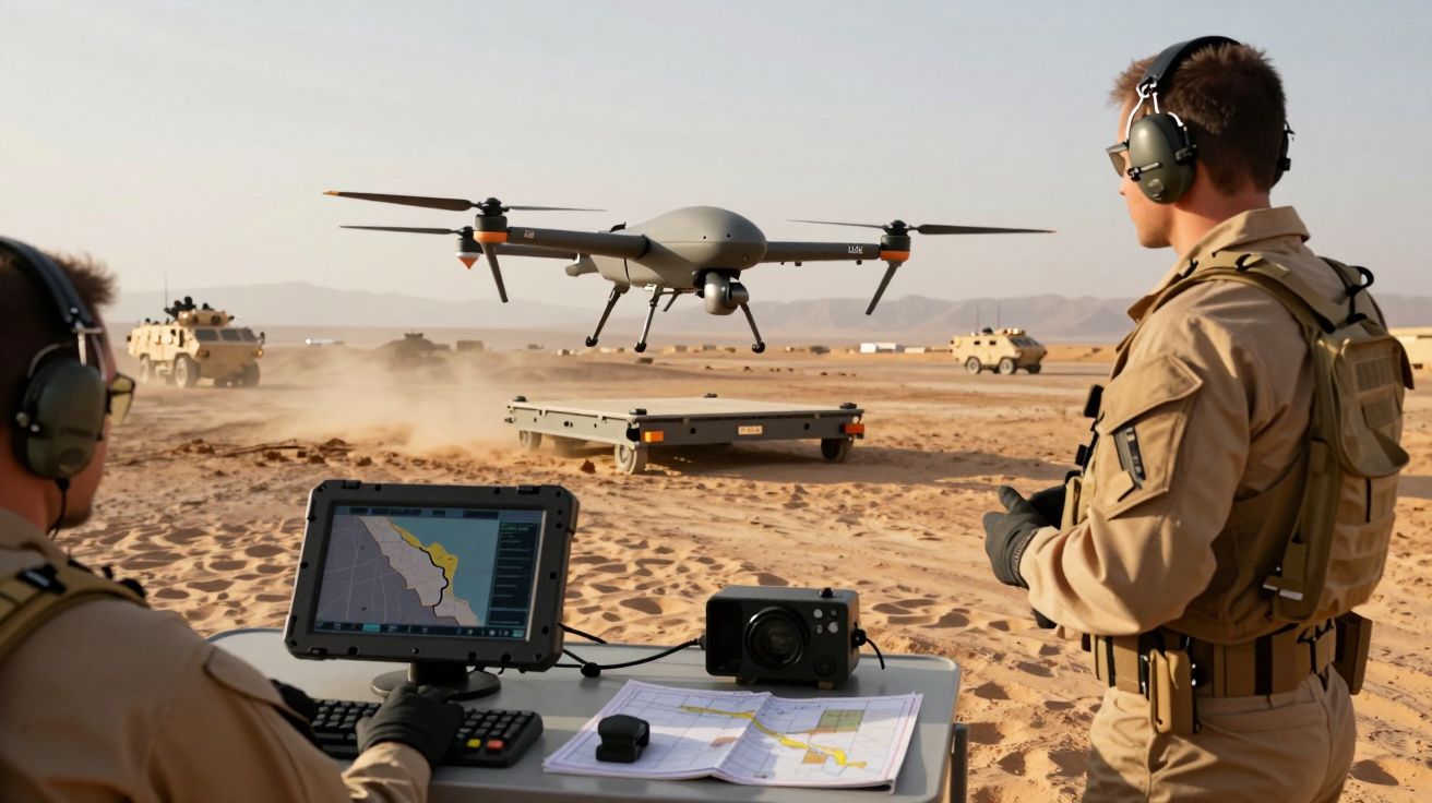 Dwóch żołnierzy kontroluje drona nad pustynią, obok ekran z mapą i wojskowe pojazdy terenowe.