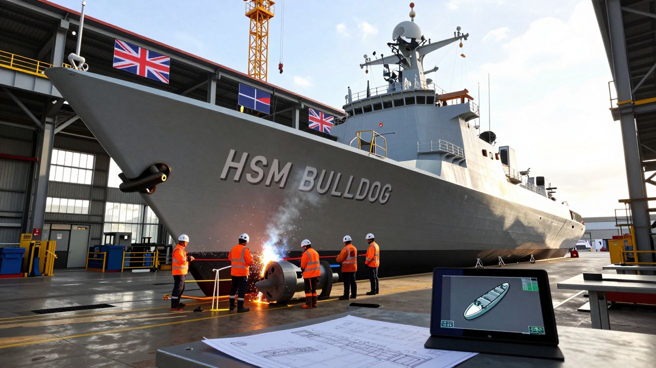 Statek wojenny HSM Bulldog w suchym doku, robotnicy w pomarańczowych kamizelkach pracują przy urządzeniu technicznym.