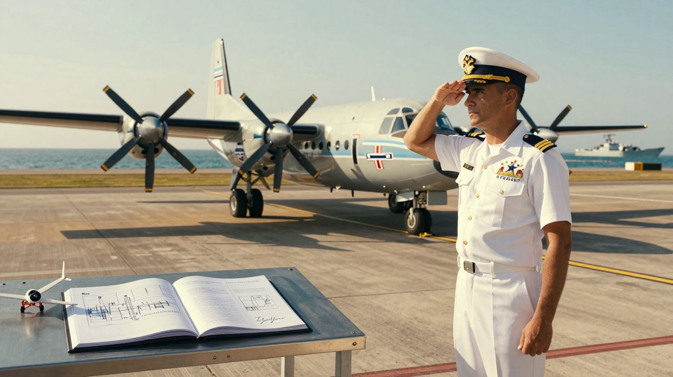Oficer marynarki w mundurze salutuje na tle samolotu wojskowego stojącego na lotnisku morskiego portu.