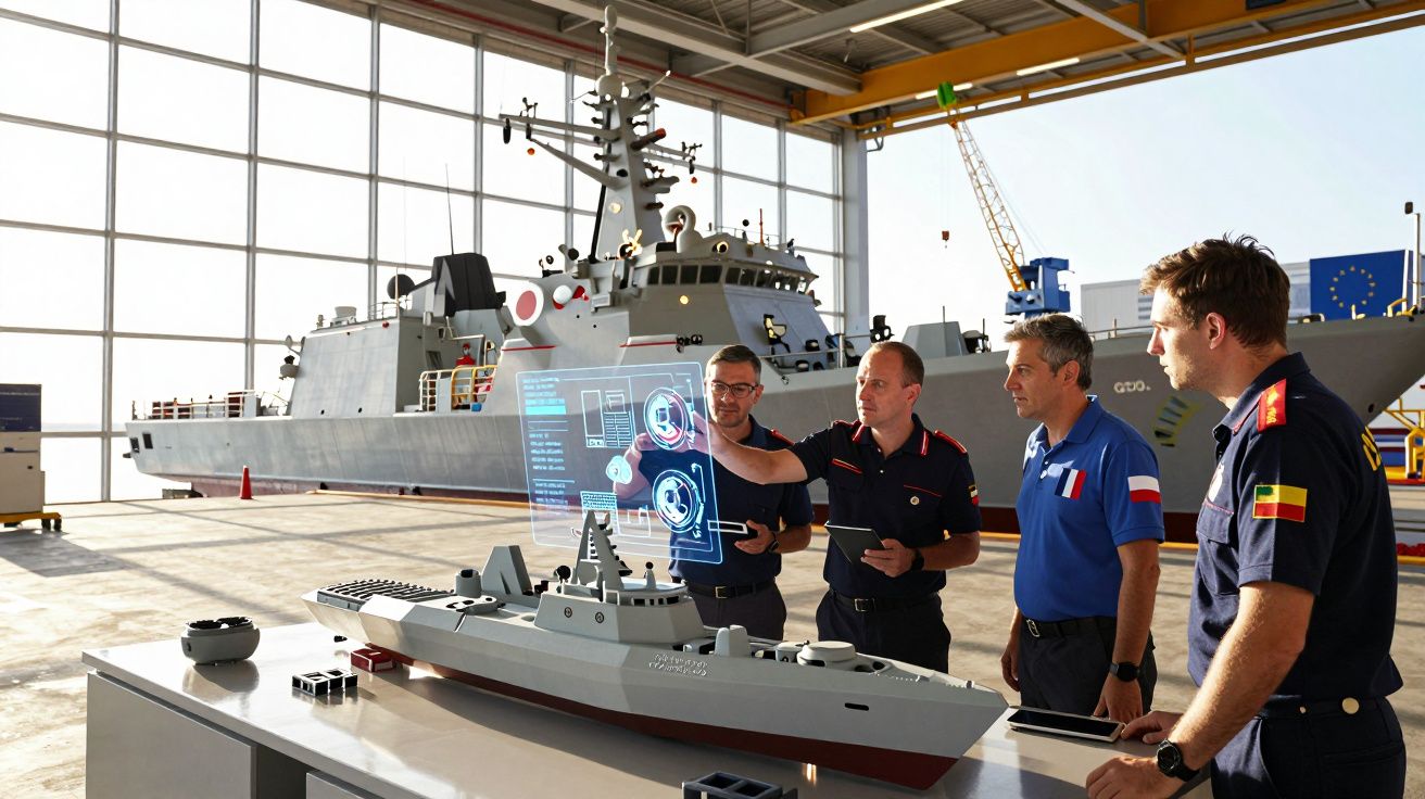 Czterech marynarzy analizujących holograficzny plan modelu okrętu wojennego w hali stoczni.