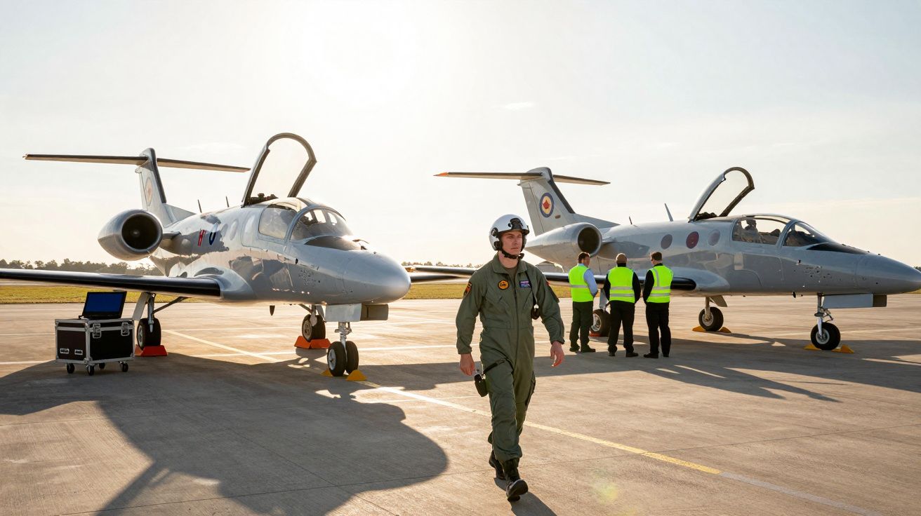 Dwaj lotnicy na pasie startowym obok dwóch samolotów wojskowych z otwartymi kabinami.