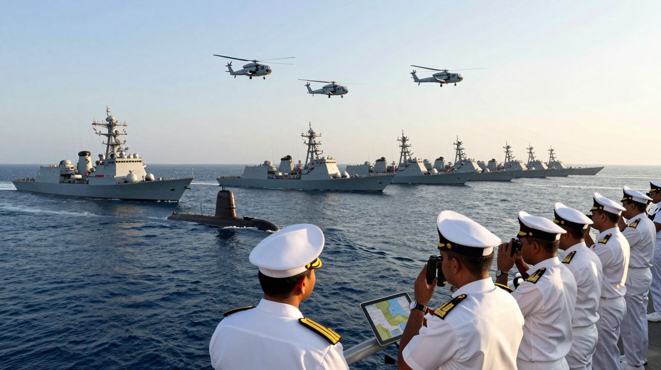 Marynarze na okręcie wojennym obserwują lot helikopterów nad zespołem niszczycieli i wynurzającą się łodzią podwodną.