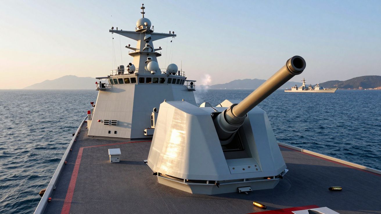 Nowoczesny okręt wojenny na morzu z dużą artylerią na pierwszym planie i innym okrętem w tle.