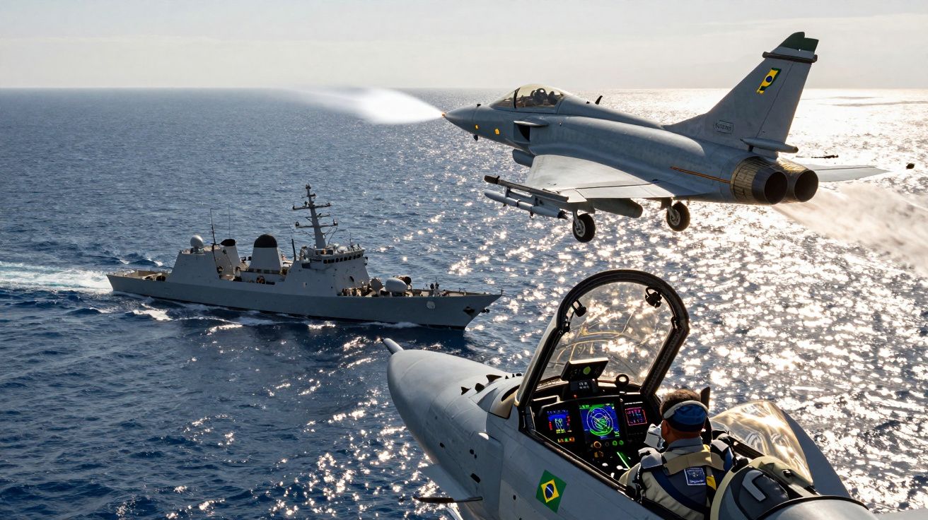 Dwa myśliwce wojskowe nad morzem, w tle okręt wojenny na wodzie, lot w formacji.