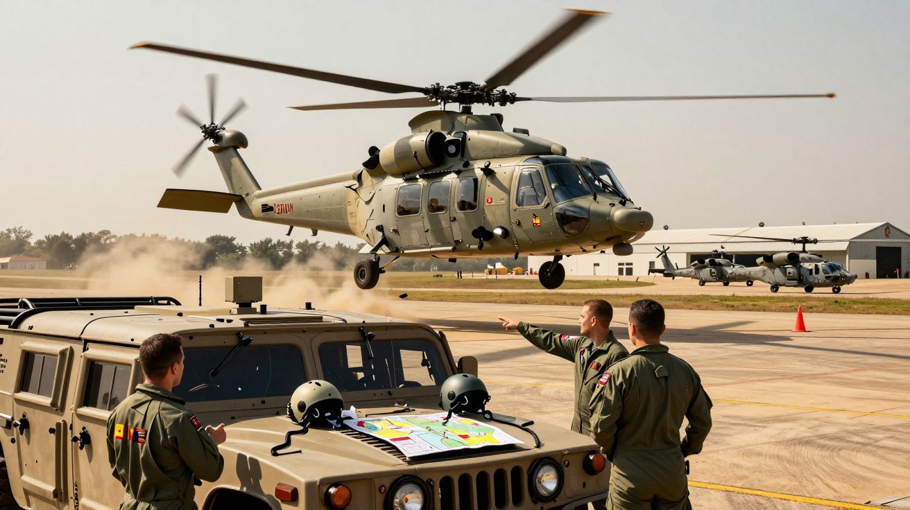 Żołnierze instruują startujący wojskowy helikopter na lotnisku, obok wojskowy pojazd terenowy.