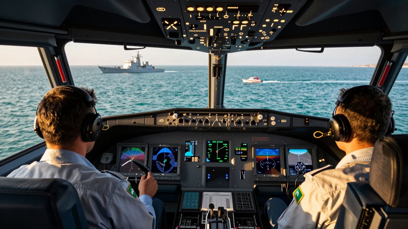 Widok z kokpitu samolotu na morze, dwóch pilotów z słuchawkami i statki na wodzie.