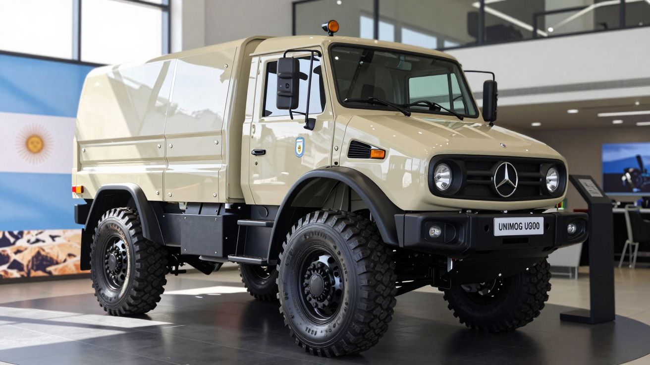 Beżowy samochód terenowy Mercedes Unimog U900 w salonie wystawowym z flagą Argentyny w tle.