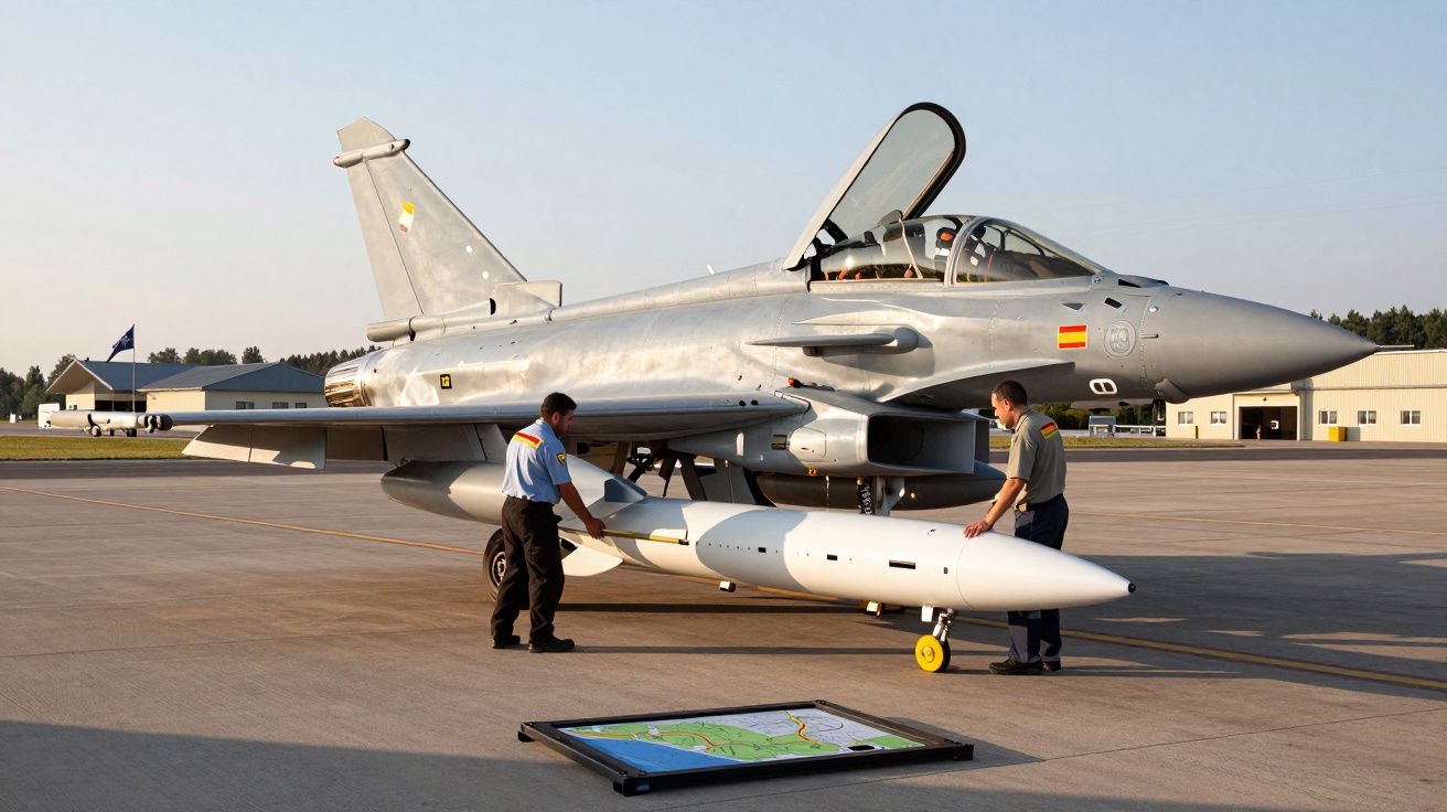 Samolot wojskowy na pasie startowym, dwóch techników montuje dużą rakietę pod skrzydłem.