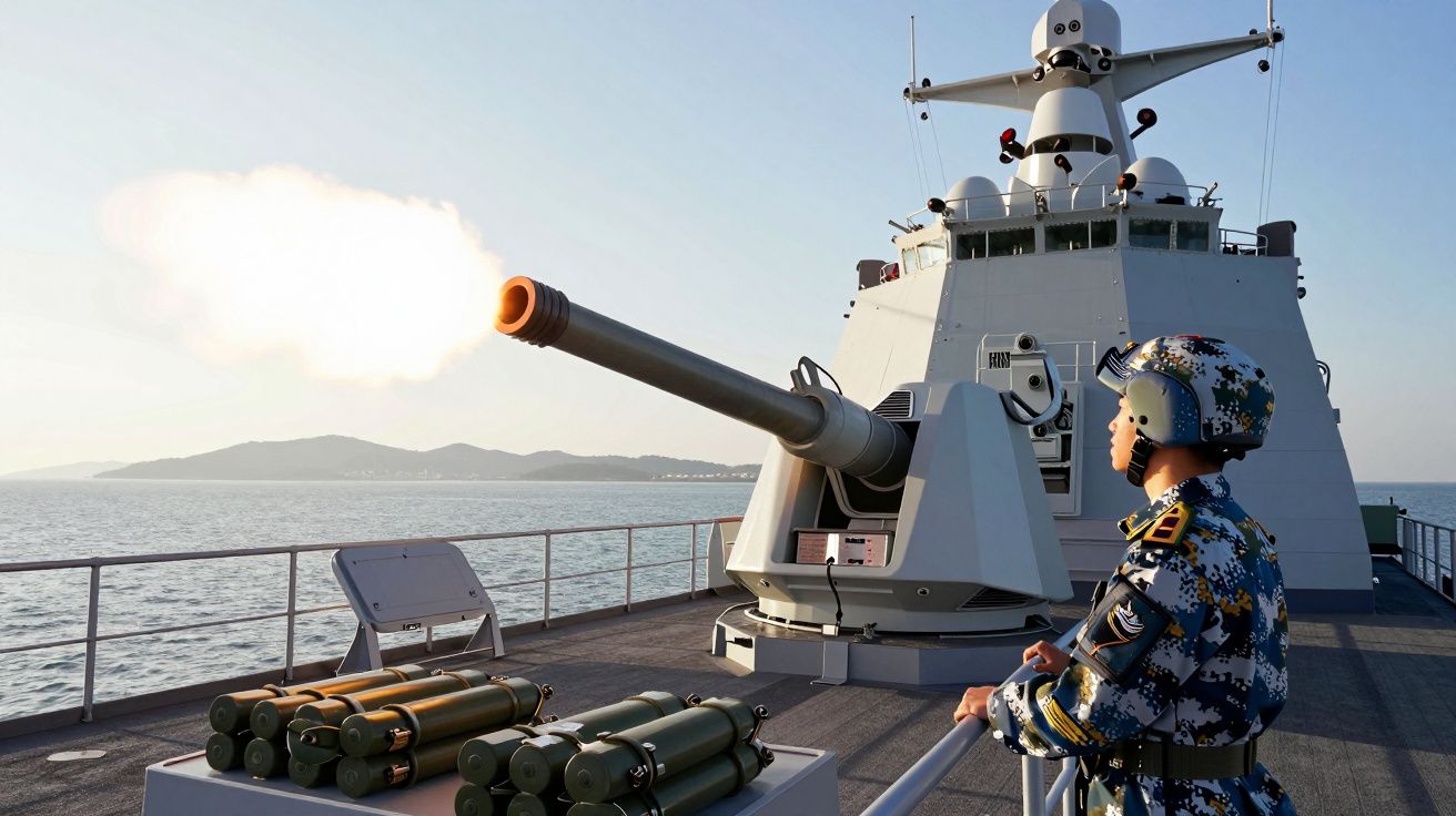 Żołnierz na okręcie wojennym, działa strzelające nad morzem o zachodzie słońca.